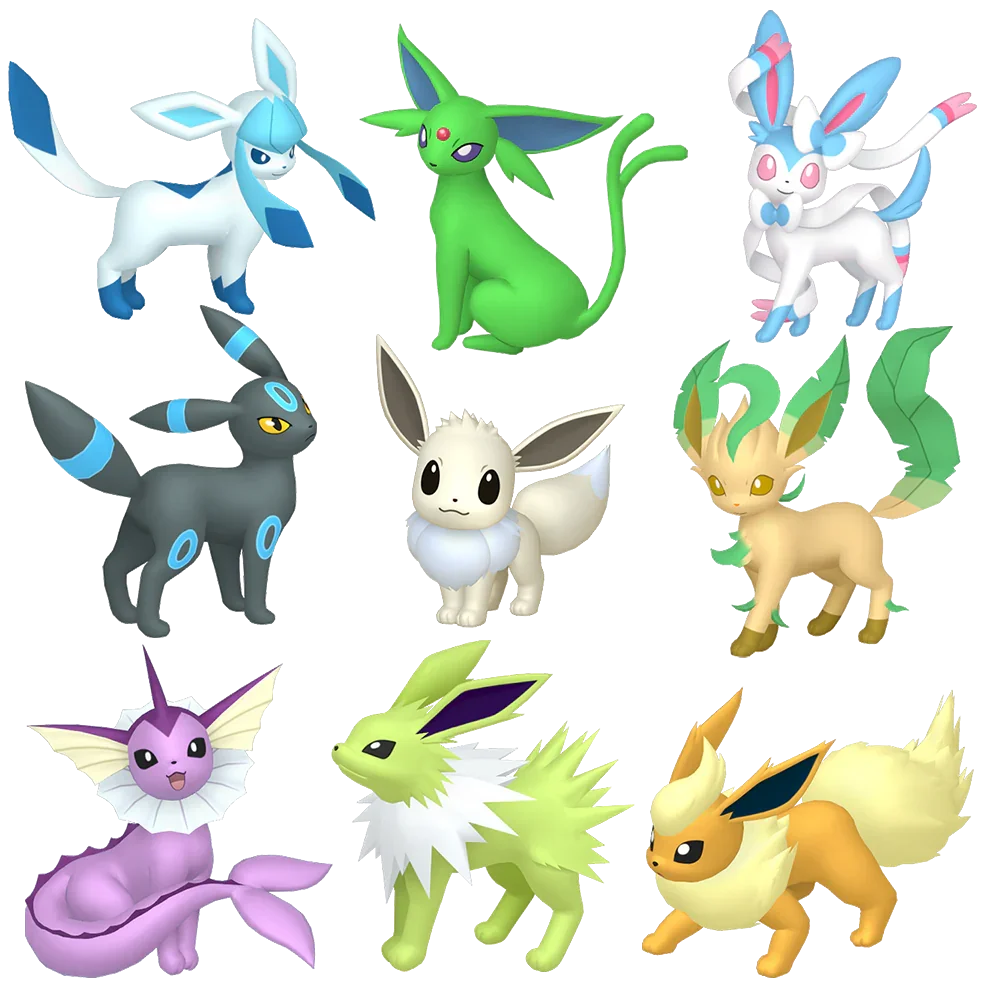 Paquete - Eeveelution Shiny #0700 - Sylveon Shiny 6IV + #0196 - Espeon Shiny 6IV + #0197 - Umbreon Shiny 6IV + #0470 - Leafeon Shiny 6IV + #0471 - Glaceon Shiny 6IV + Shiny 6IV #0133 - Eevee + Shiny 6IV #0135 - Jolteon + Shiny 6IV #0136 - Flareon + Shiny 6IV #0134 - Vaporeon